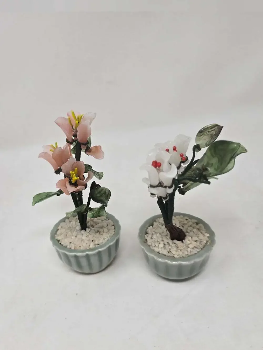 Vintage 80s Chinese Bonsai Tree Glass Wire Flowers Green Celadon Planter Pot